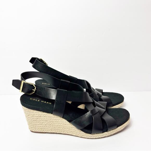 COLE HAAN CRYSTAL WEDGE BLACK GOLD SANDALS SIZE 6 NEW WITH PARTIAL STICKER TAGS - Picture 2 of 7